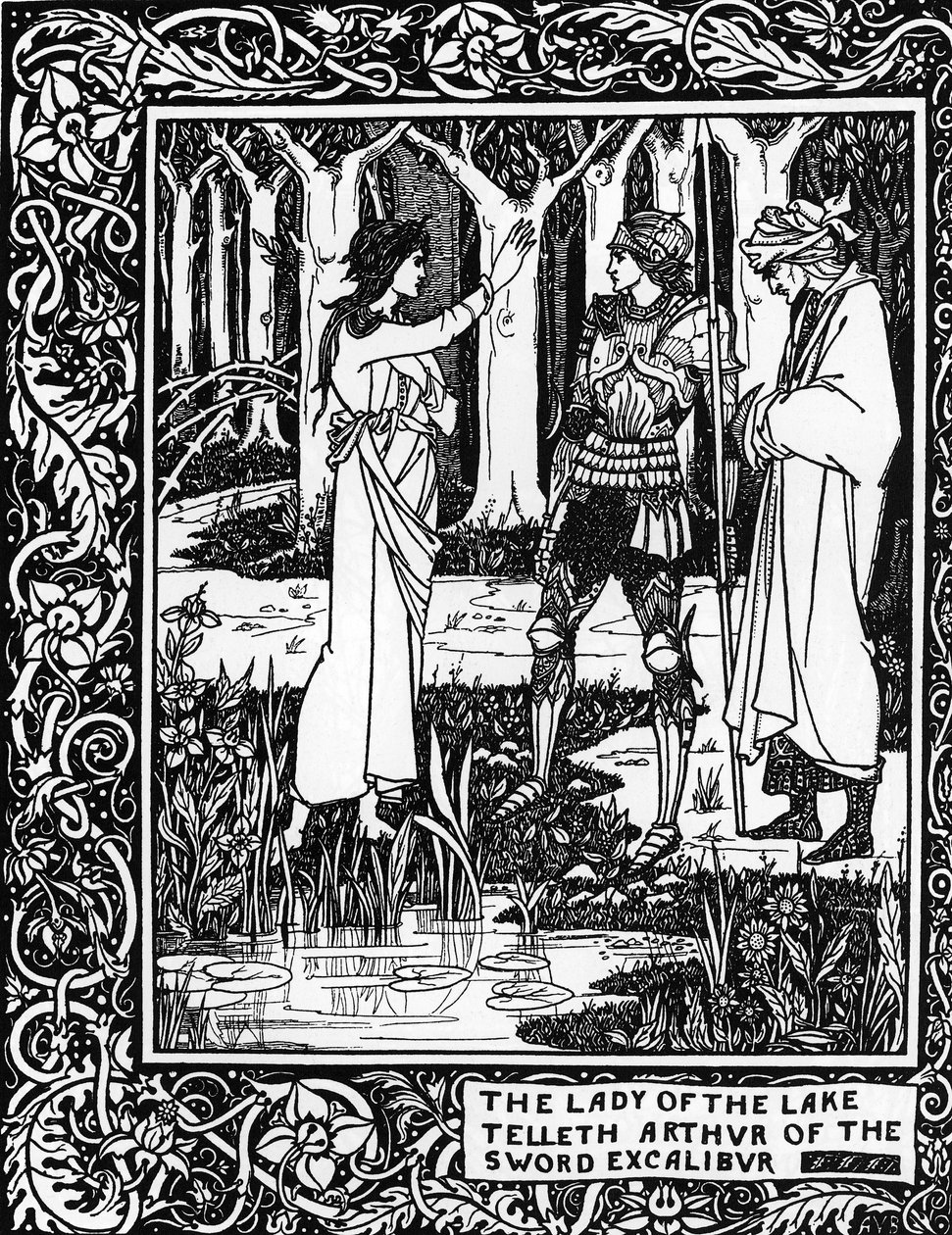 Arthurian Legenda: "Lady of the Lake (Vivian fee) opettaa Arthurille Excalibur epeen olemassaolon"" Kaiverrus Sir Thomas Maloryn teokseen "Le Morte d