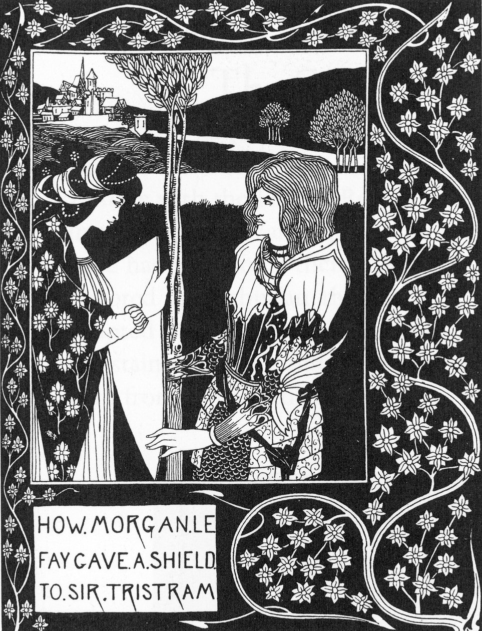 Arthurian Legenda: "" Maksu, jonka Morgane antaa kilven Tristanille""" Kaiverrus kirjaan "Tristanin tarina ja hänen seikkailunsa, joka sisältää hänen rakkaustarinansa Isolden kanssa"" Sir Thomas Maloryn "The Morte of Arthur", painos kuvitettu Aubrey antoi  tekijältä Aubrey Beardsley