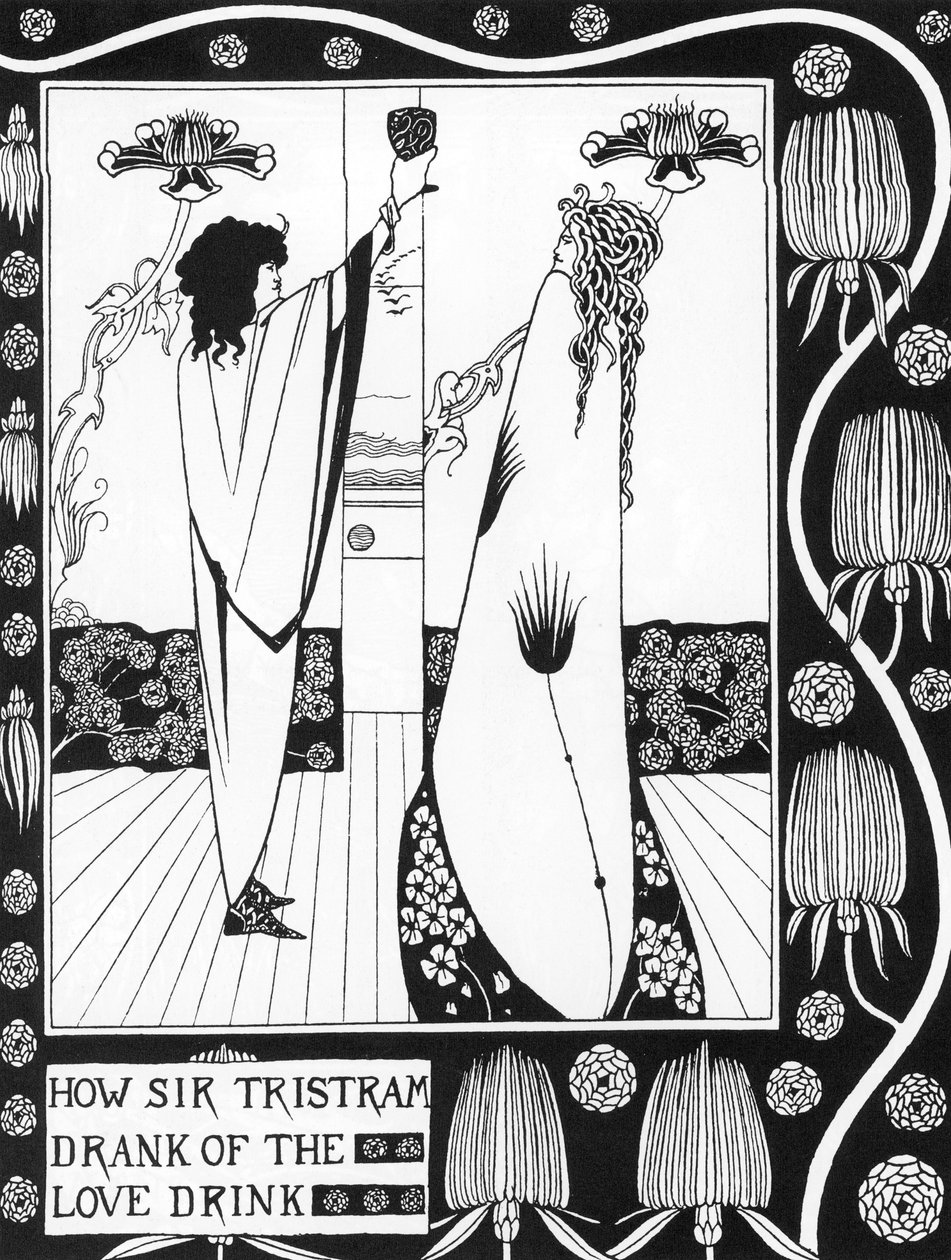 Arthurian Legenda: "" Tristan juo rakkausfiltreä""" Kaiverrus "" Tarina Tristanista ja hänen seikkailuistaan, joka sisältää hänen rakkaustarinansa Isolden kanssa"""" Sir Thomas Malorylta, painoksen kuvittanut Aubrey Beardsley (1872-1898) ) 1893-1894 (Arthu tekijältä Aubrey Beardsley