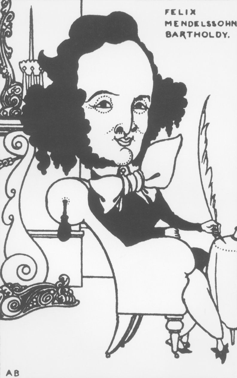 Karikatyyri Felix Mendelssohnista (1809-47), 1800-luvun loppu (litho) (bw kuva) tekijältä Aubrey Beardsley