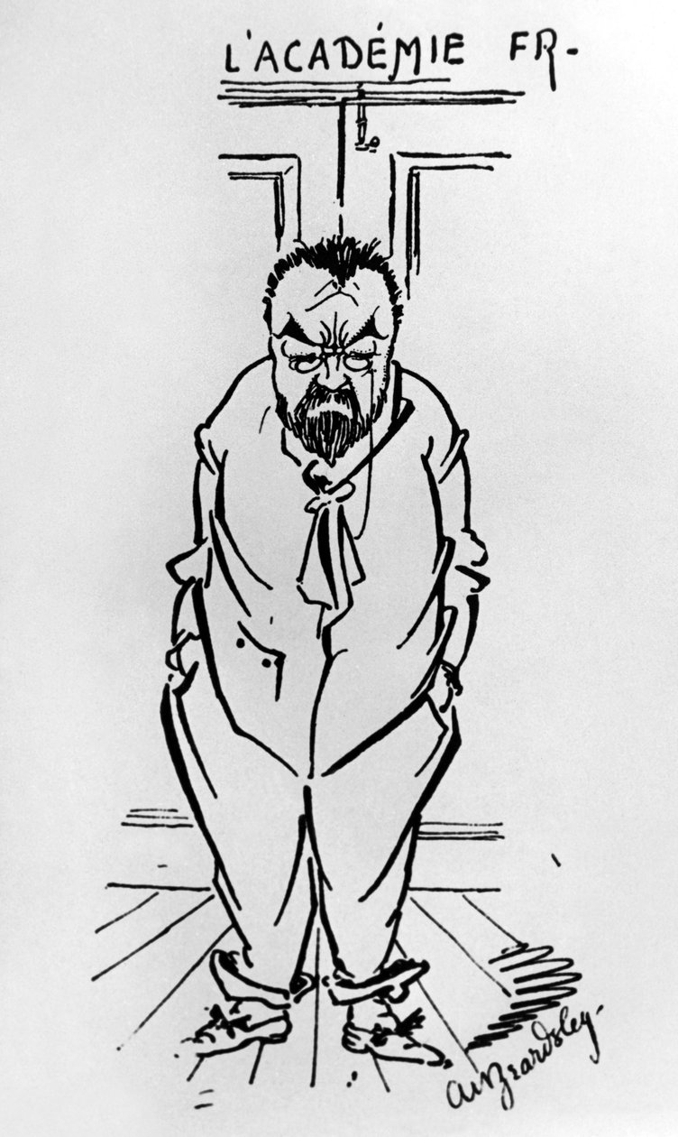 Karikatyyri ranskalaisesta kirjailijasta Emile Zolasta (1840-1902) Academie Francaisen ulkopuolella (piirustus) tekijältä Aubrey Beardsley