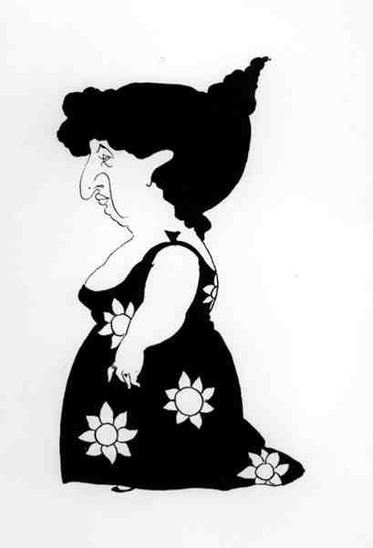 Karikatyyri hahmosta auringonkukkamekossa, "Bon Mots" (litho) tekijältä Aubrey Beardsley