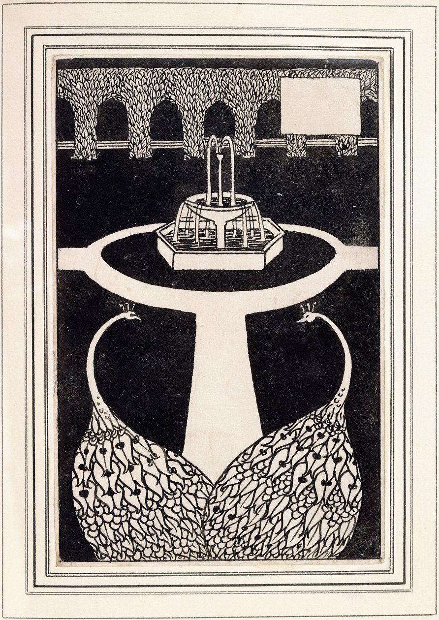 Luvun otsikko kuvaa kahta riikinkukkoa puutarhassa, jossa on suihkulähde, n. 1893/4 tekijältä Aubrey Beardsley