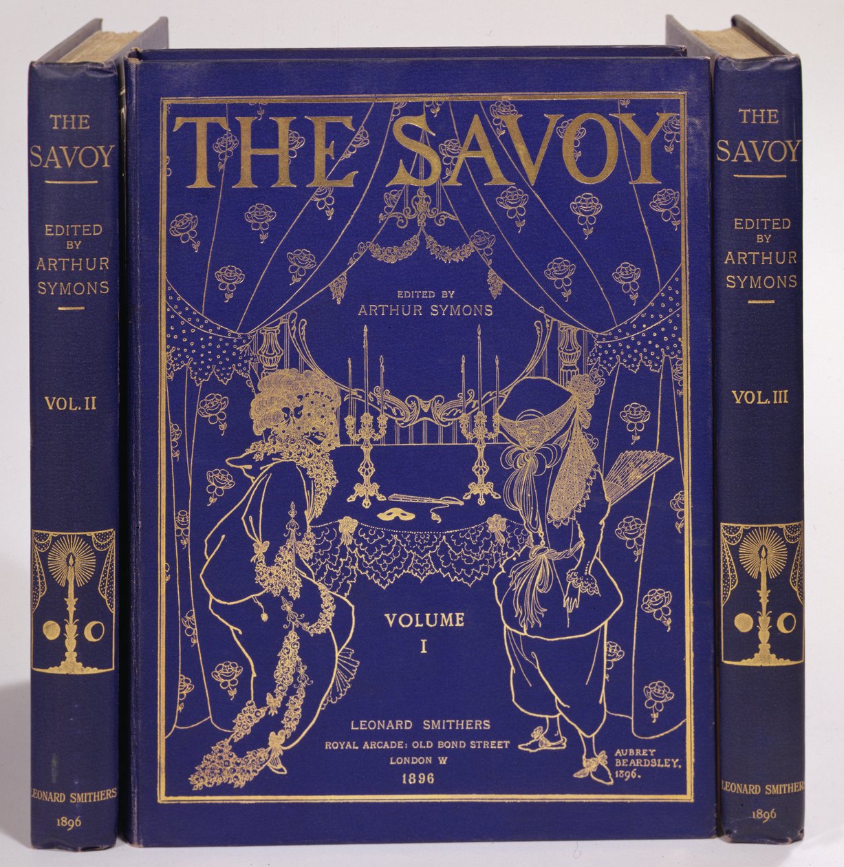 Kansisuunnittelu teokselle The Savoy, Volumes I-III, toimittanut Arthur Symons, julkaissut Leonard Smithers 1896 tekijältä Aubrey Beardsley