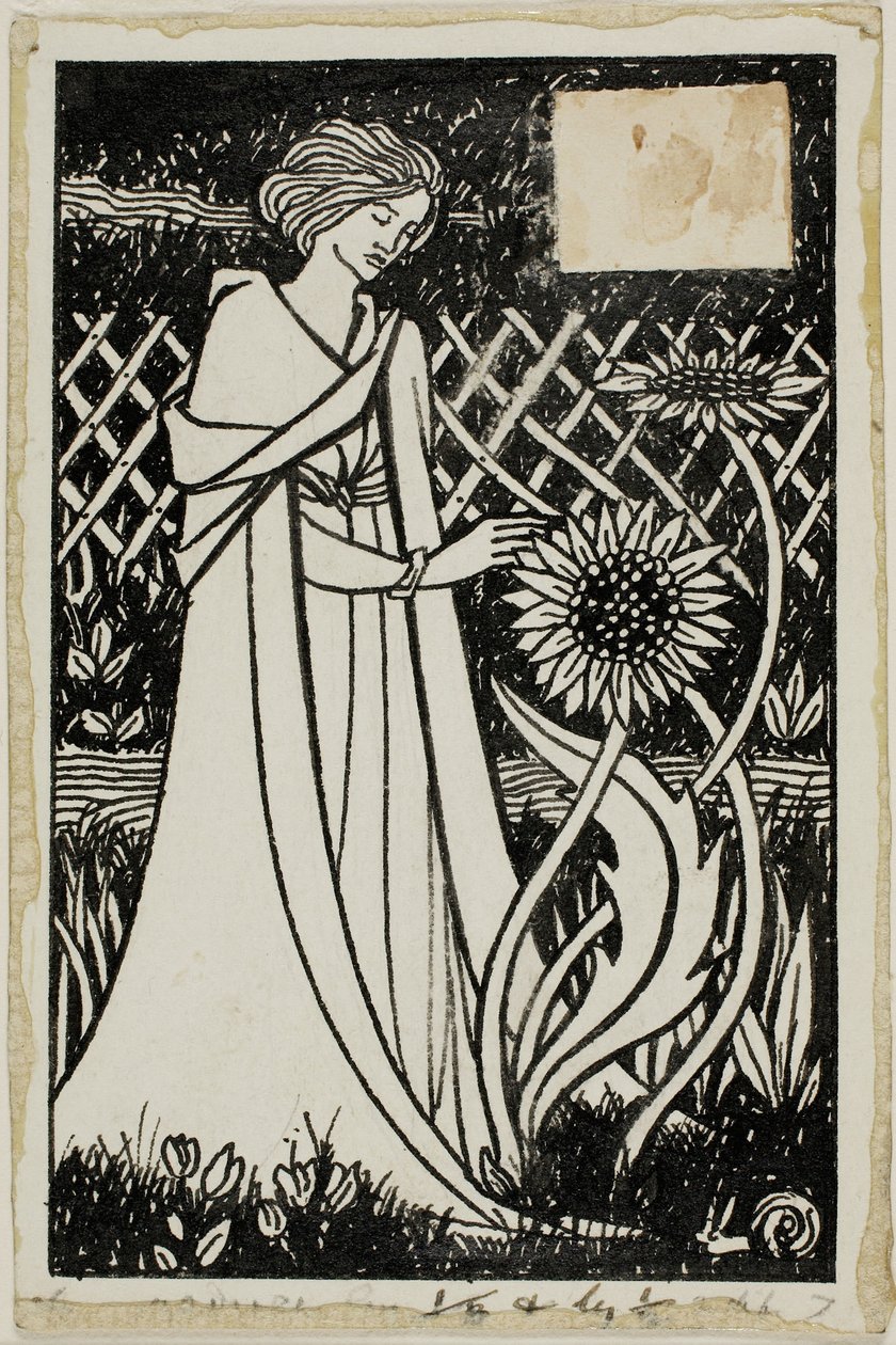 Koristeellinen tutkimus: Nainen auringonkukan kanssa tekijältä Aubrey Beardsley