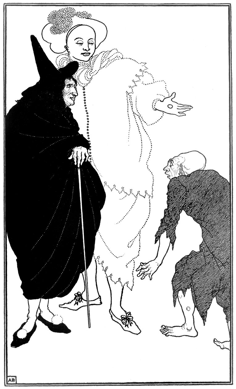Don Juan, Sganarelle ja kerjäläinen, kuvitus teoksesta "Don Juan; kirjoittanut Moliere tekijältä Aubrey Beardsley