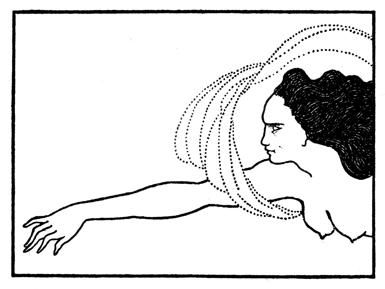 Flosshilde, kuvitus Das Rheingoldille, julkaistu "The Savoy"-lehdessä, 1896 tekijältä Aubrey Beardsley