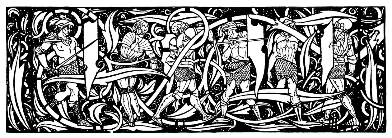 Päähine, kuvitus Sir Thomas Maloryn teoksesta "Le Morte d
