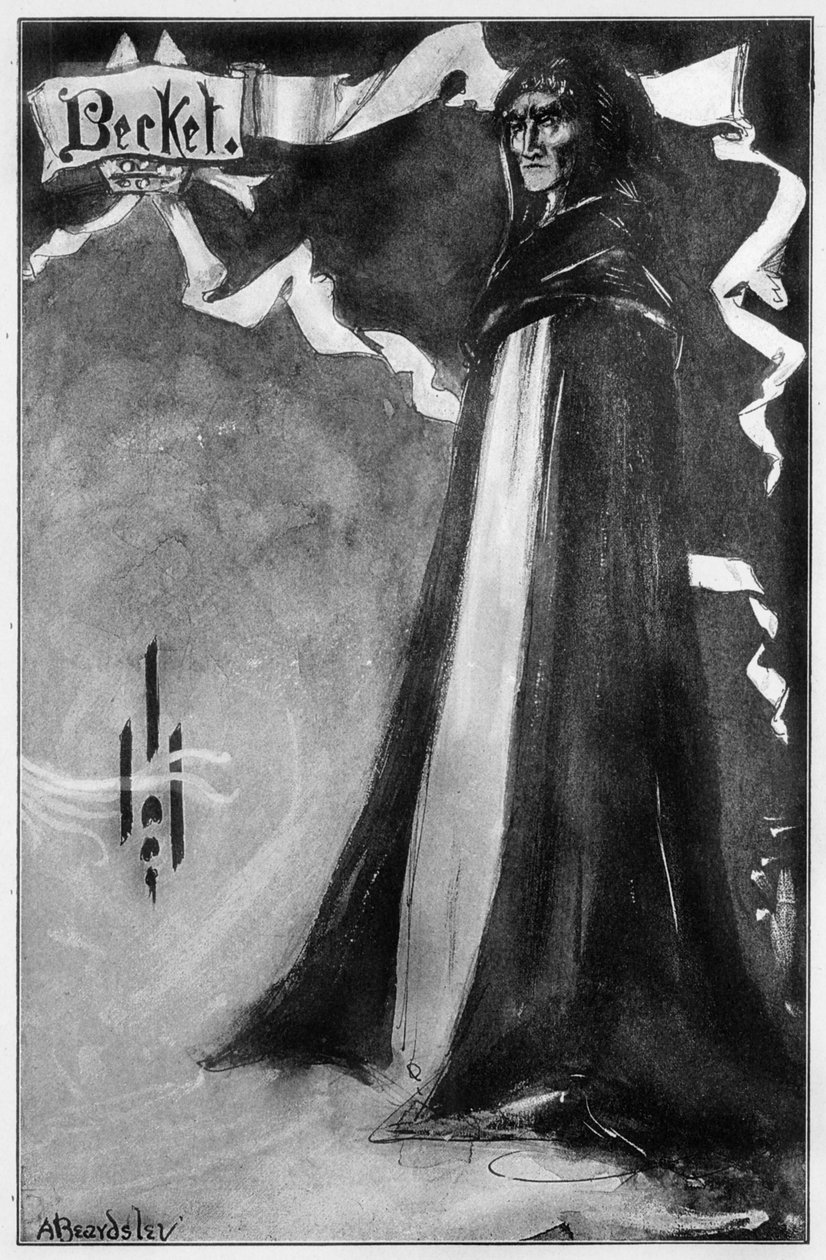 Henry Irving "Becketin" roolissa Lyceum-teatterissa Lontoossa Tennysonin runodraamassa "Becket", 1893. tekijältä Aubrey Beardsley