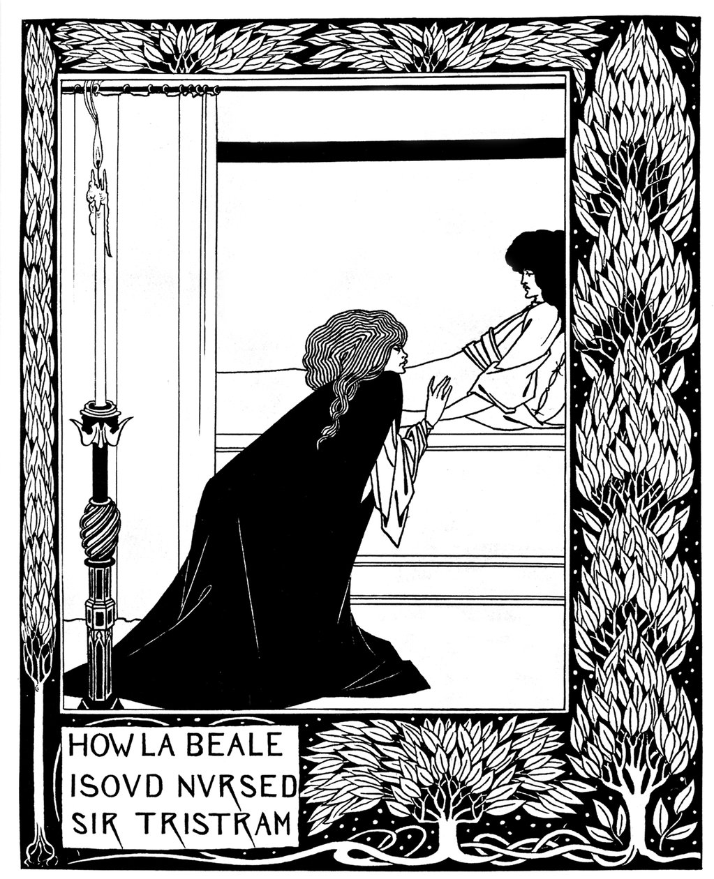Kuinka La Beale Isoud hoiti Sir Tristramia. Kuvitus Sir Thomas M.:n kirjaan Le Morte dArthur tekijältä Aubrey Beardsley