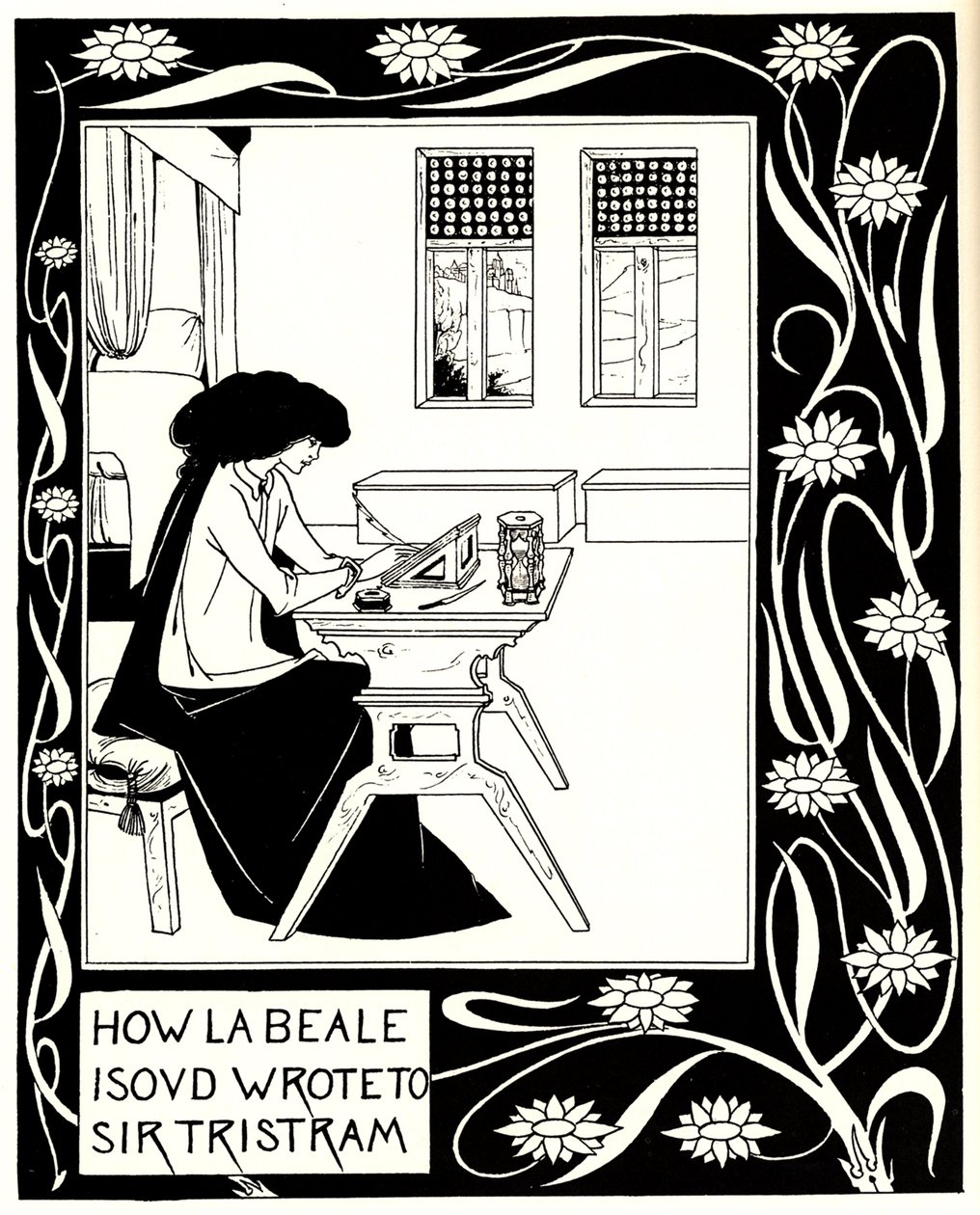 Kuinka La Beale Isoud kirjoitti Sir Tristramille. Kuvitus Sir Thomasin kirjaan Le Morte dArthur tekijältä Aubrey Beardsley