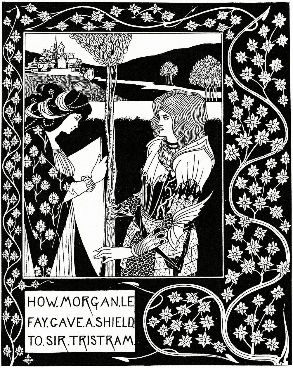 Kuinka Morgan le Fay antoi kilven Sir Tristramille, piirros Sir Thomas Maloryn teoksesta "Le Morte d