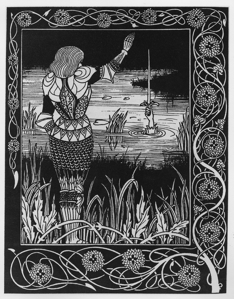 Kuinka Sir Bedivere heitti miekan Excaliburin veteen, piirros Sir Thomas Maloryn teoksesta "Le Morte d