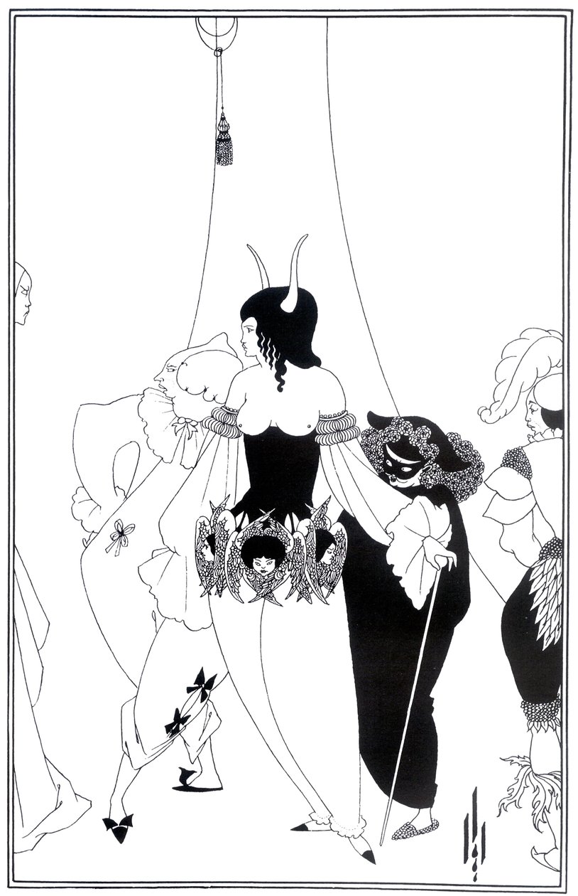 Kuvitus Edgar Allan Poen teokseen Punaisen kuoleman naamio, 1895. tekijältä Aubrey Beardsley
