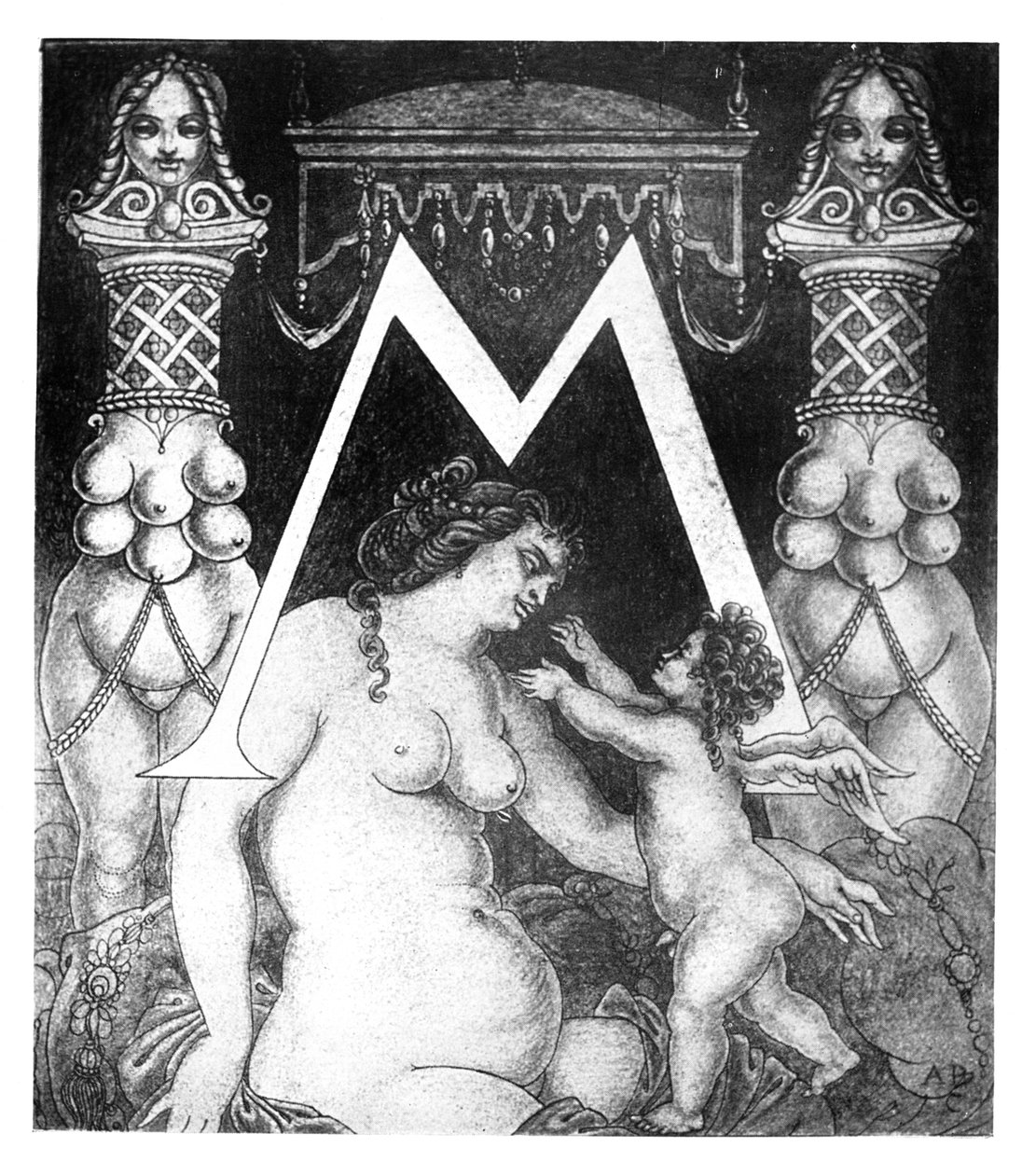 Alkukirjain "M" Volponelle, 1898 tekijältä Aubrey Beardsley