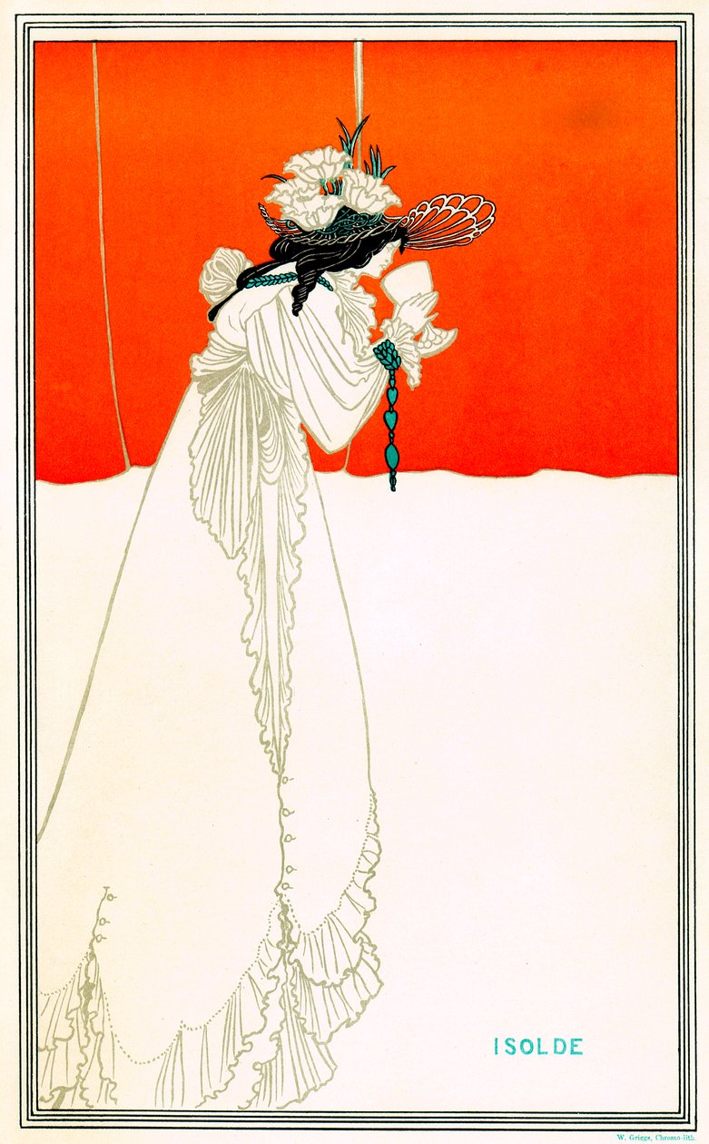 Isolde juomassa rakkauden suodatinta Aubrey Beardsleyn (1872-1898) Richard Wagner Tristanin ja Isolden oopperan jälkeen (Iseult tai Iseut, Yseut, Yseult, Ysolde) - Kelttiläinen arthurin legenda - Art Nouveau - kromolitografia (kromolitografia) W. Griggs ,  tekijältä Aubrey Beardsley