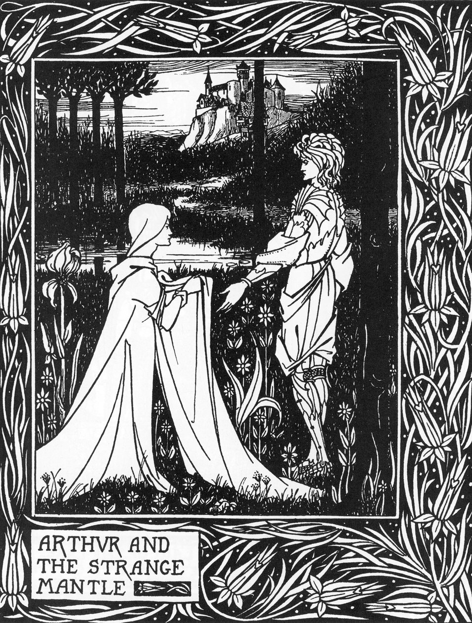Kuningas Arthur vastaanottaa maksulla lähettämän nuoren tytön vierailun (Kuningas Arthur ja Morgan fayn lähettämä outo vaippa) Aubrey Beardsleyn (1872-1898) kuvitus Thomas Maloryn teoksesta "Arthurin kuolema" tekijältä Aubrey Beardsley