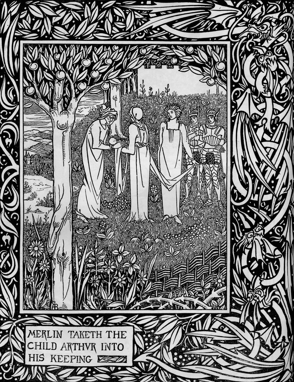 Merlin ottaa lapsen, Arthurin vartiokseen, n. 1893 tekijältä Aubrey Beardsley