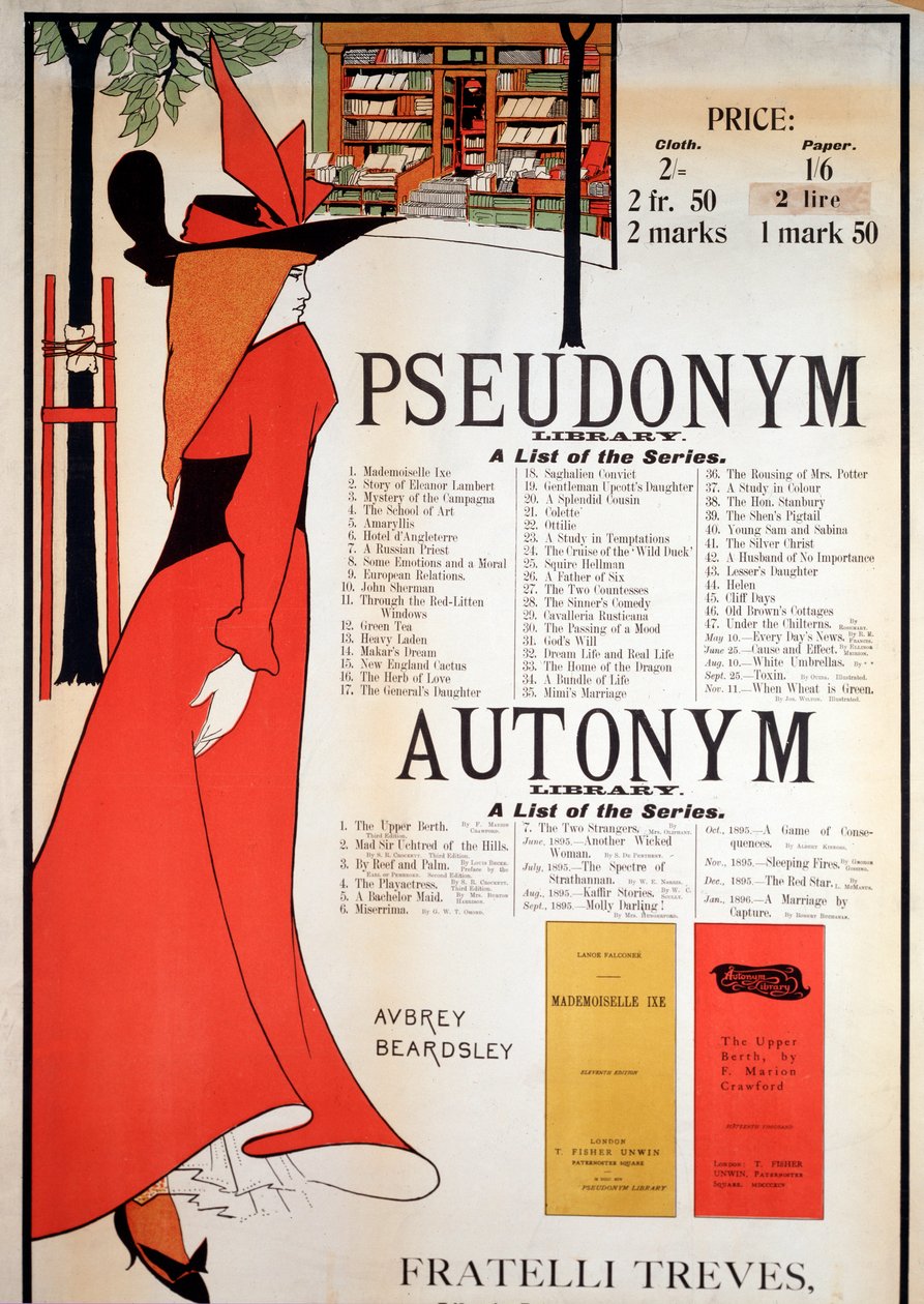 Pseudonyymi- ja itsenimikirjastojen juliste (värilitho tekijältä Aubrey Beardsley
