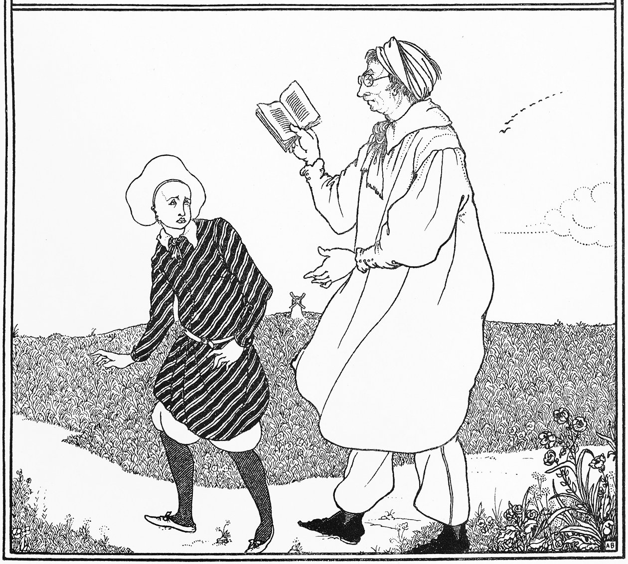"Nuoruuden ja pedantryn ikuinen ongelma", etukannen kuvitus "Keltainen kirja", 1894-95 tekijältä Aubrey Beardsley