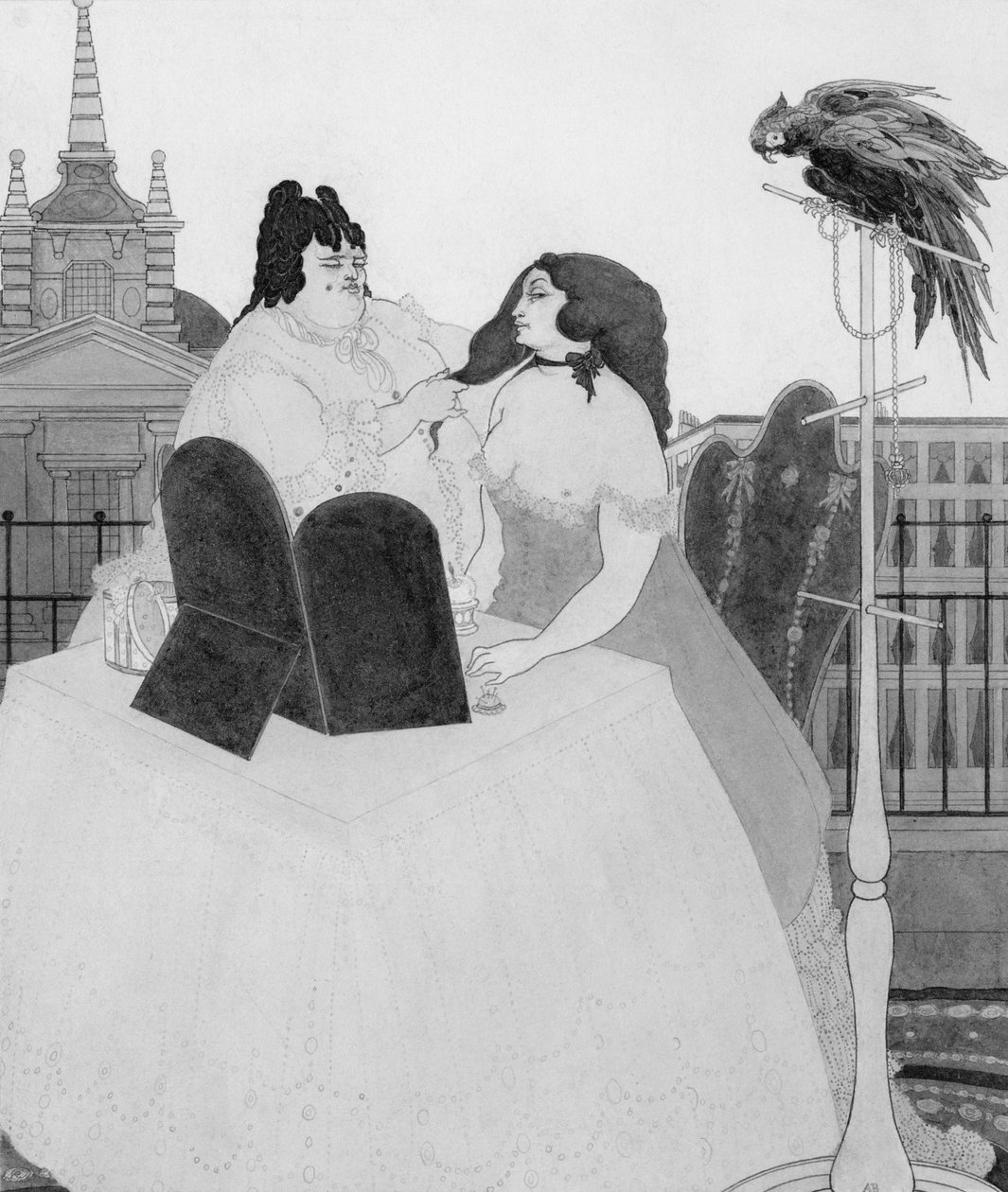 Nainen pukupöydässä (muste ja pesu) tekijältä Aubrey Beardsley