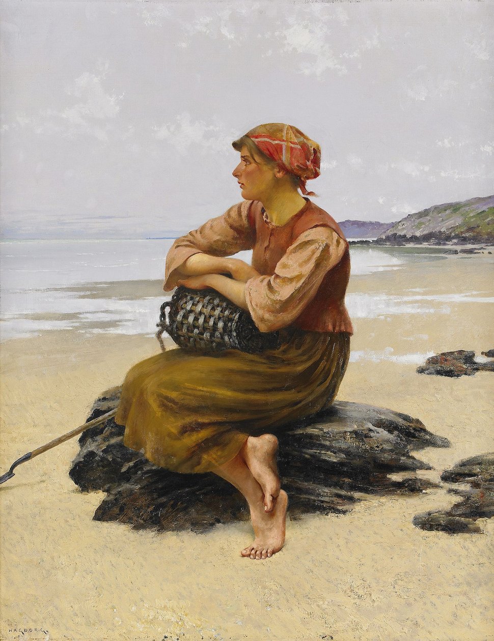 Sittande ostronplockerska pa stranden tekijältä August Hagborg