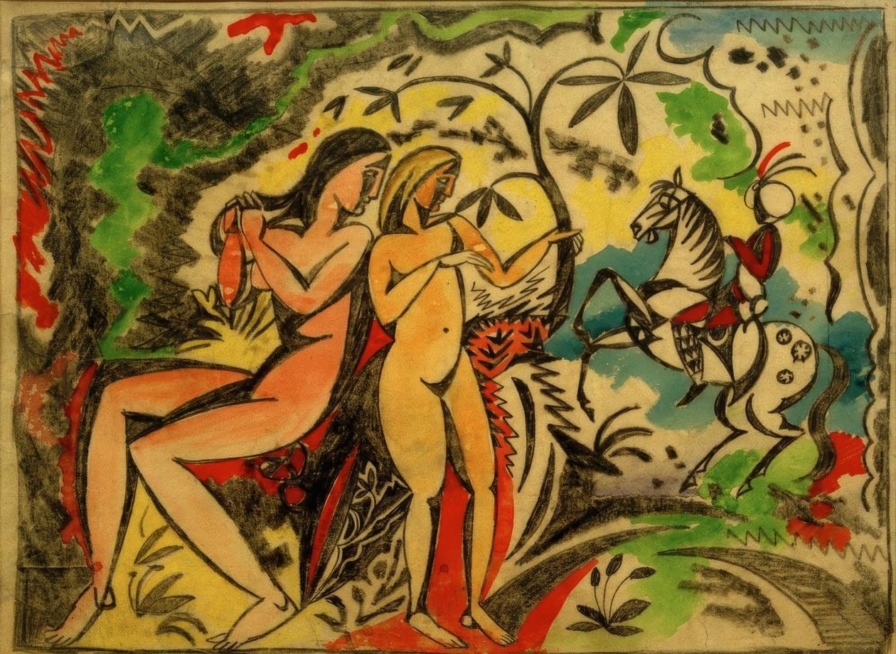 Badende und türkischer Reiter, Stickereientwurf tekijältä August Macke