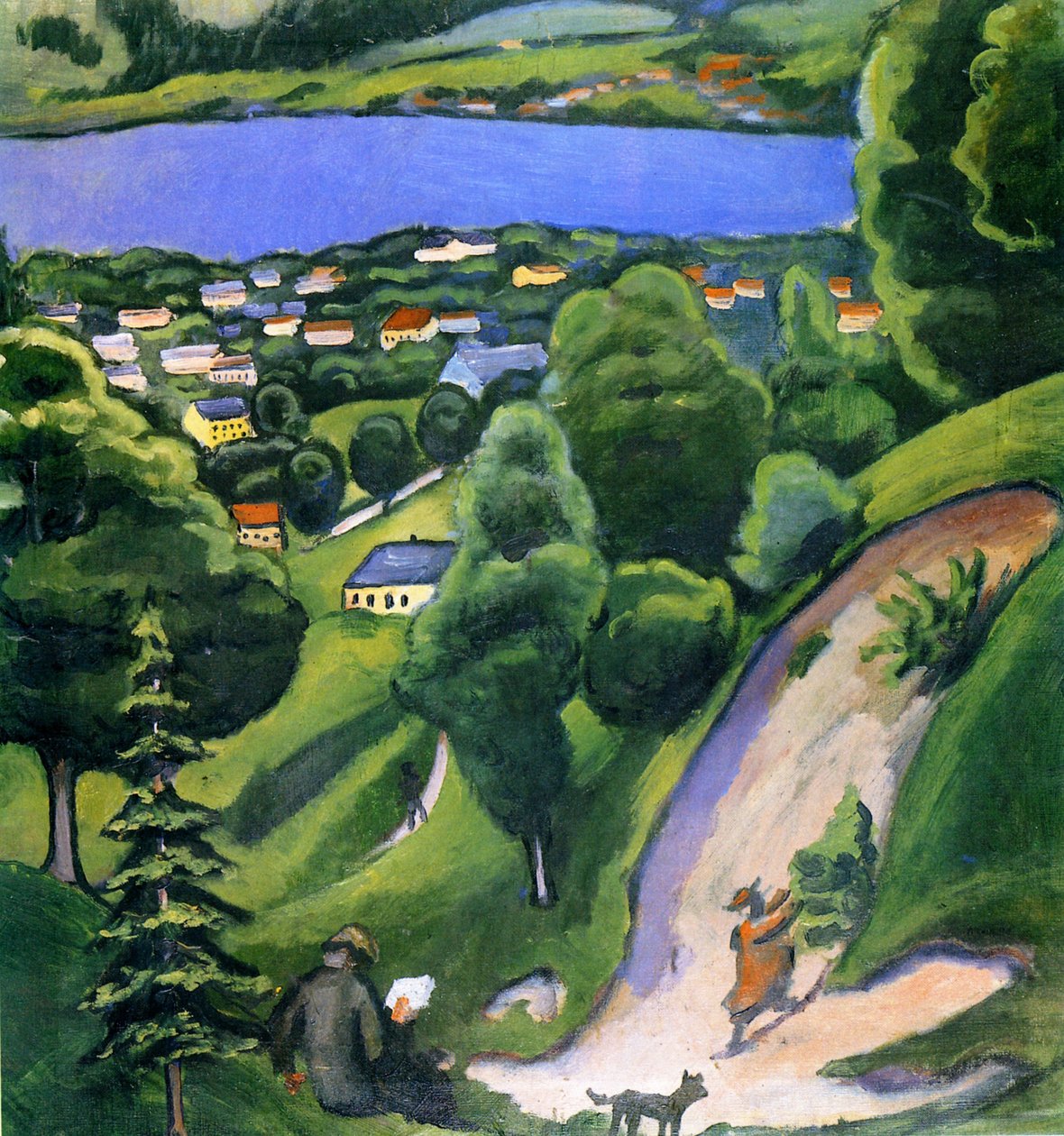 Landschaft am Teggernsee mit lesendem Mann tekijältä August Macke