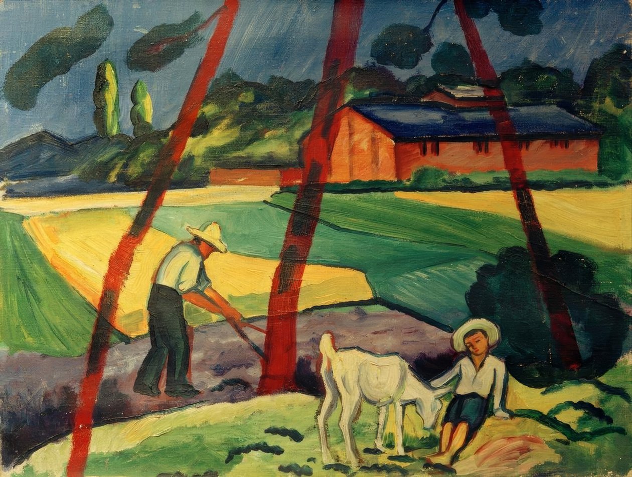 Landschaft mit Bauer, Junge und Ziege tekijältä August Macke