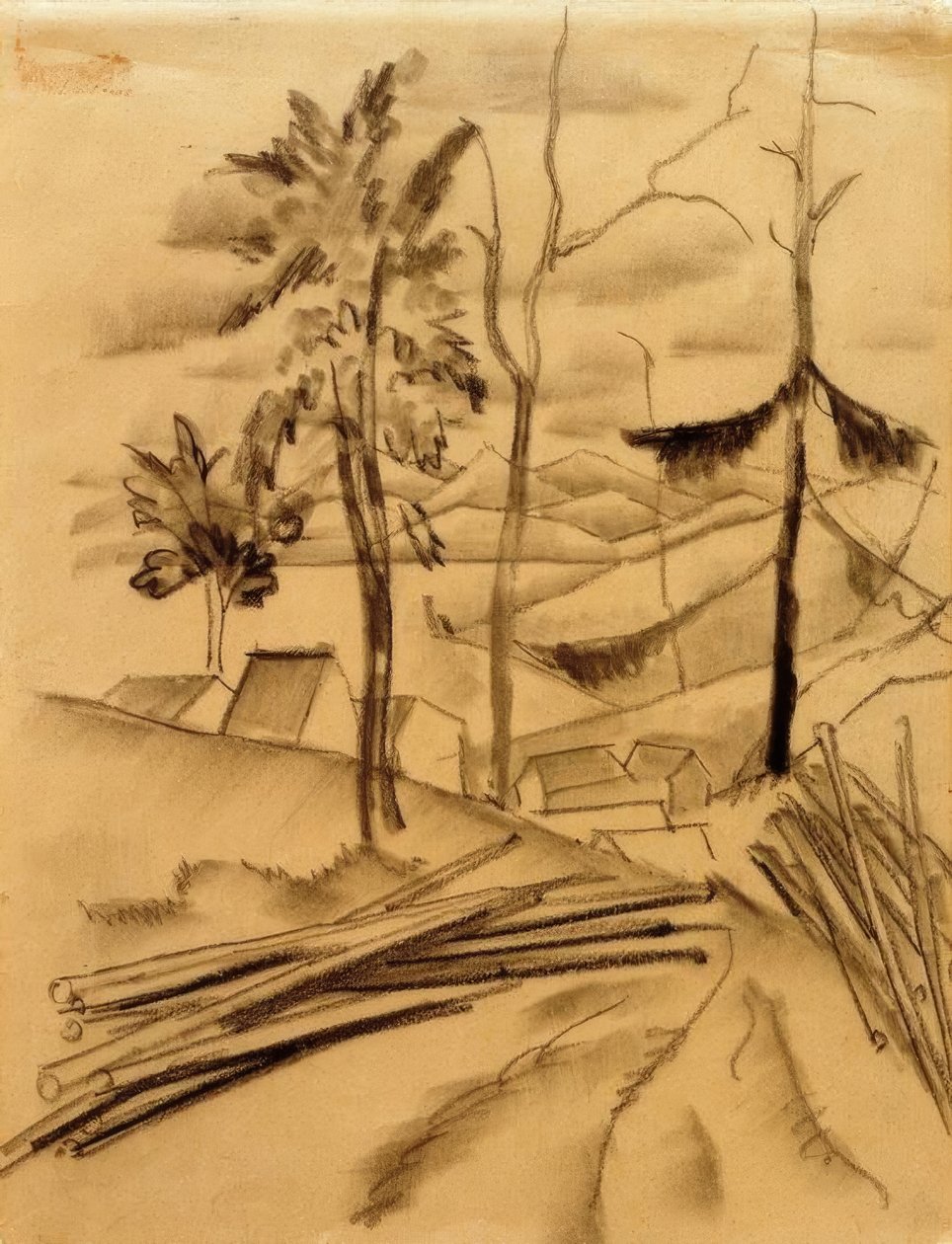 Landschaft mit Baumstammen tekijältä August Macke