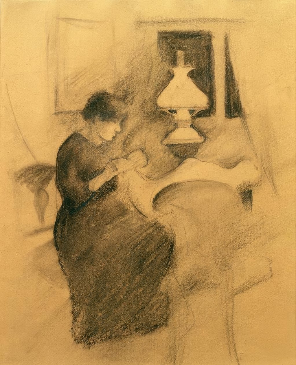 Nähendes Mädchen bei der Lampe (Elisabeth) tekijältä August Macke