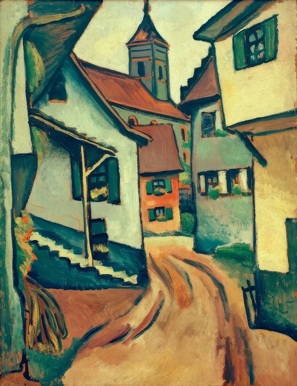 Straße mit Kirche Kandernissa tekijältä August Macke