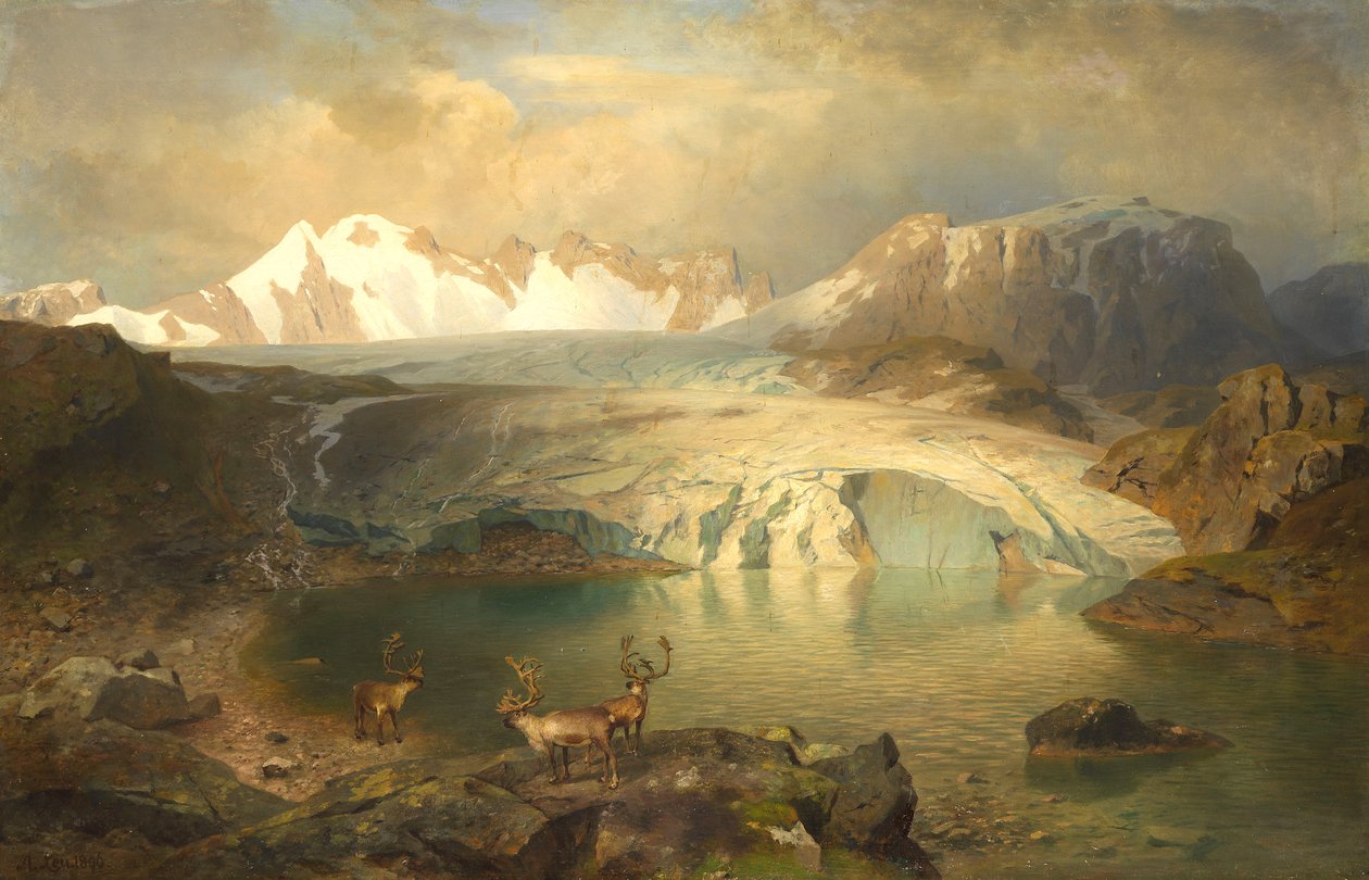 Fjordlandschaft mit Gletscher und Rentieren tekijältä August Wilhelm Leu