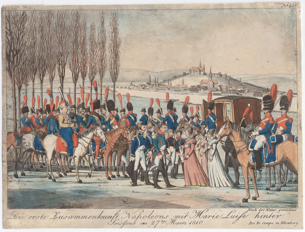 Napoleon esittelee keisarinna Marie-Luisen perheelle paviljongin ulkopuolella lähellä Soissonsa tekijältä August Friedrich Andreas Campe
