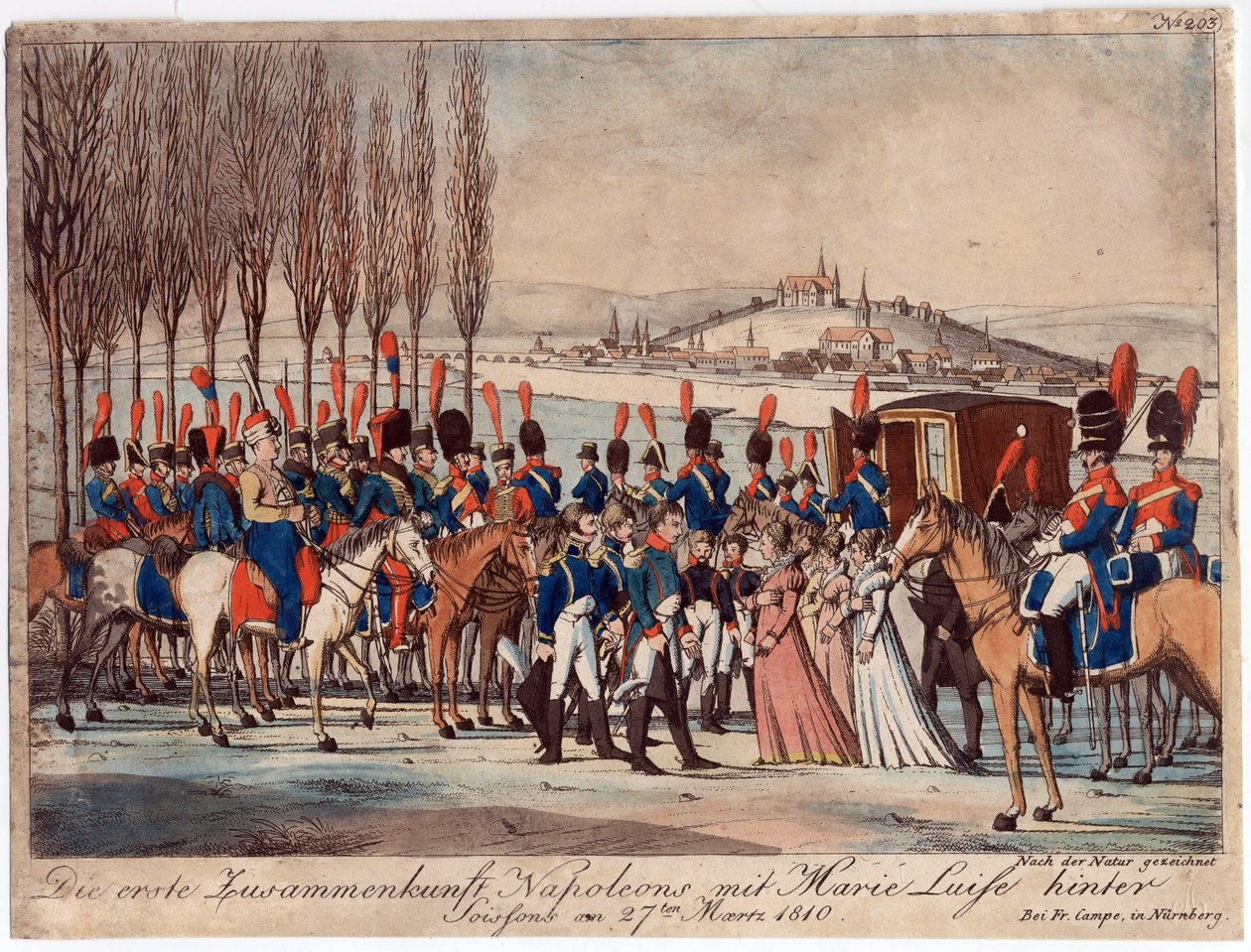 Napoleon esittelee keisarinna Marie-Luisen perheelle paviljongin ulkopuolella lähellä Soissons - Campe, August Friedrich Andreas (1777-1846) - Etsaus, akvarelli - 17,3x23 - Yksityiskokoelma tekijältä August Friedrich Andreas Campe