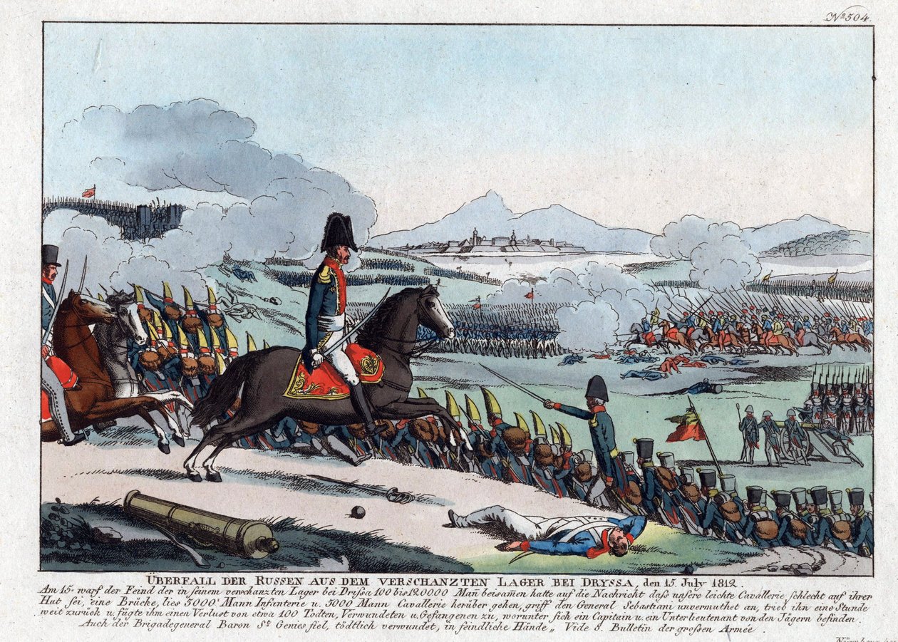 Venäjän hyökkäys Dryssan juurtuneesta leiristä 15. heinäkuuta 1812 (bataille de la Drissa, Belorussie tekijältä August Friedrich Andreas Campe