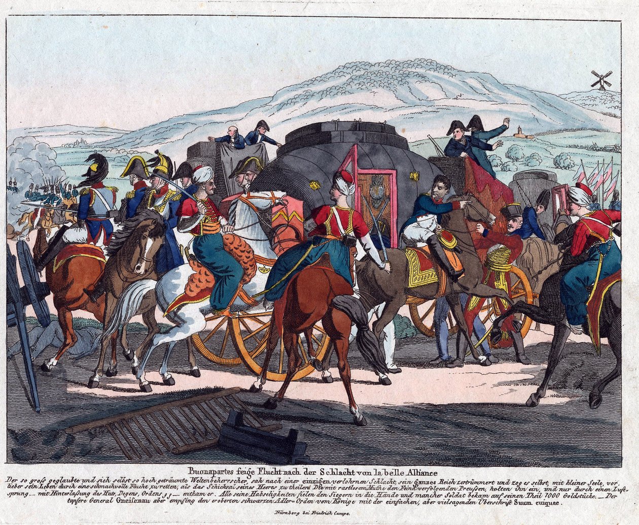 Napoleonin lento Waterloon taistelun jälkeen (1815) - Campe, August Friedrich Andreas (1777-1846) - Etsaus, akvarelli - 21,5x26,3 - Yksityiskokoelma tekijältä August Friedrich Andreas Campe