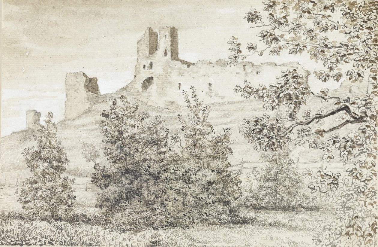Näkymä Rakveren linnan raunioille, 1828 (seepia & kynä paperille) tekijältä August Georg Wilhelm Pezold