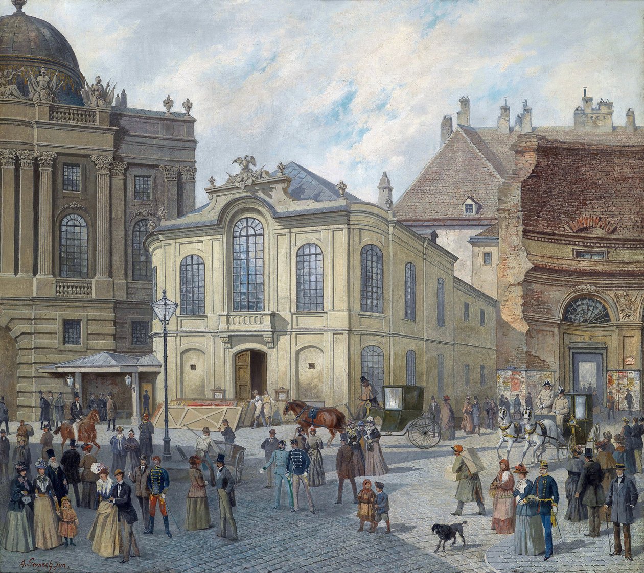 Wienin vanha Burgtheater - August Gerasch (1822-1908). Öljy kankaalle, c. 1900. Mitat: 78x87 cm. Yksityinen kokoelma tekijältä August Gerasch