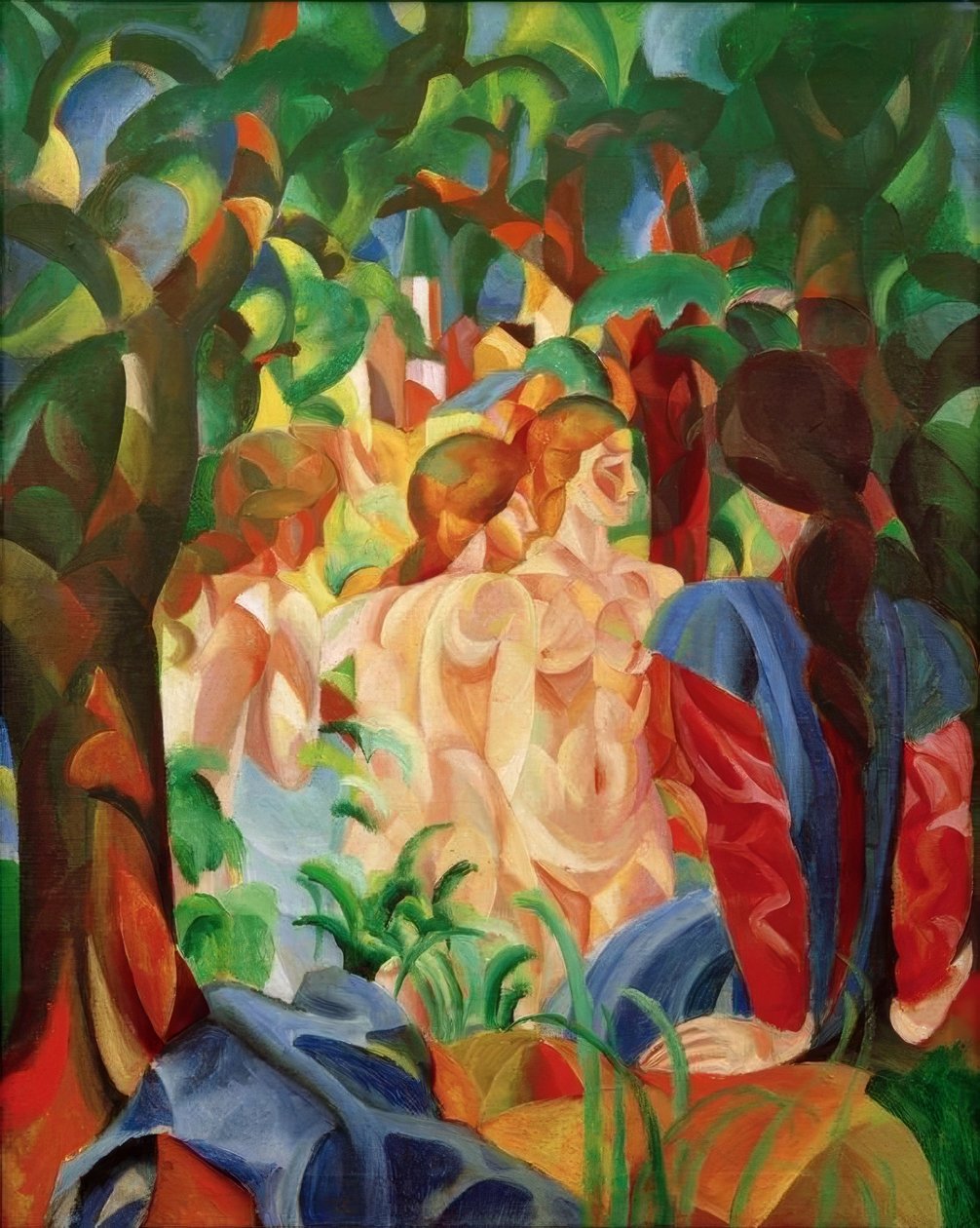 Badende Mädchen mit Stadt im Hintergrund tekijältä August Macke