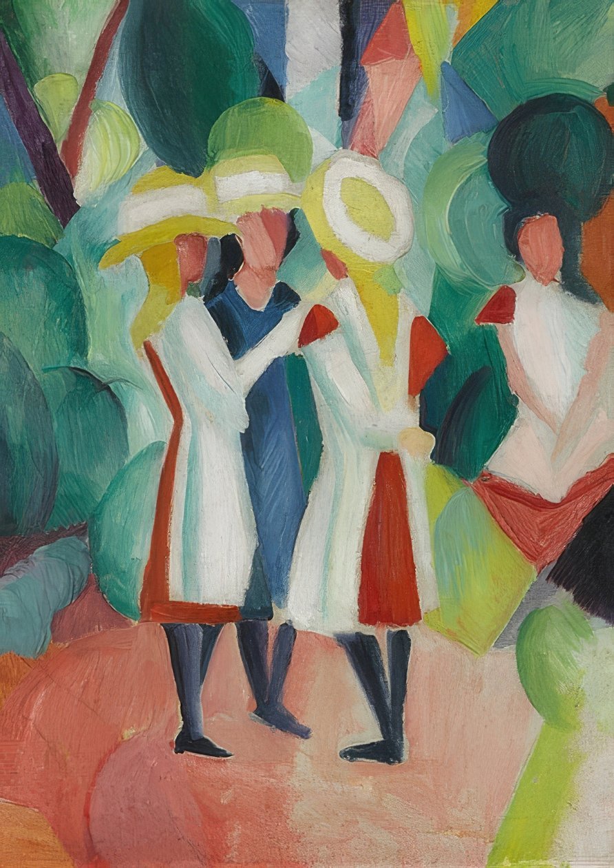 Kolme tyttöä keltaisilla olkihattuilla (I). 1913 tekijältä August Macke
