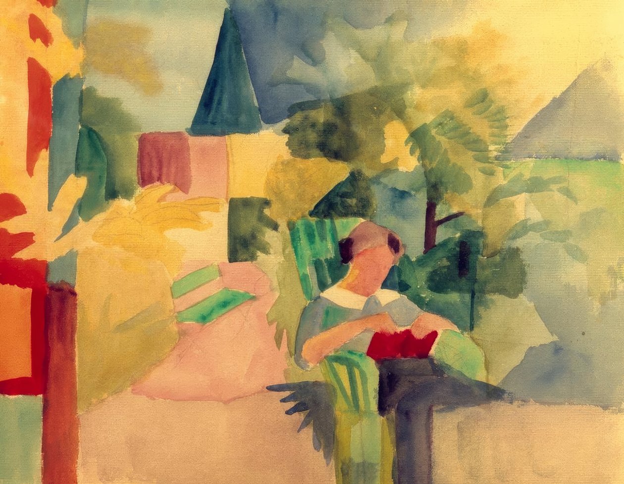 Puutarha, jossa nainen lukee (Thun-järvellä) tekijältä August Macke