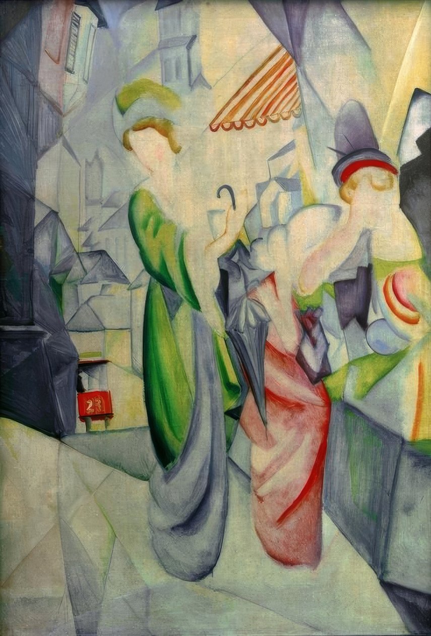 Kirkkaat naiset hattukaupan edessä tekijältä August Macke