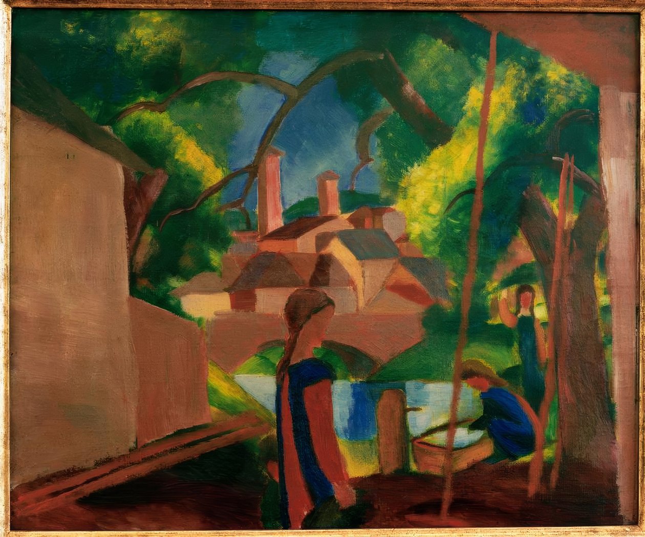 Lapset suihkulähteen äärellä, taustalla kaupunki tekijältä August Macke