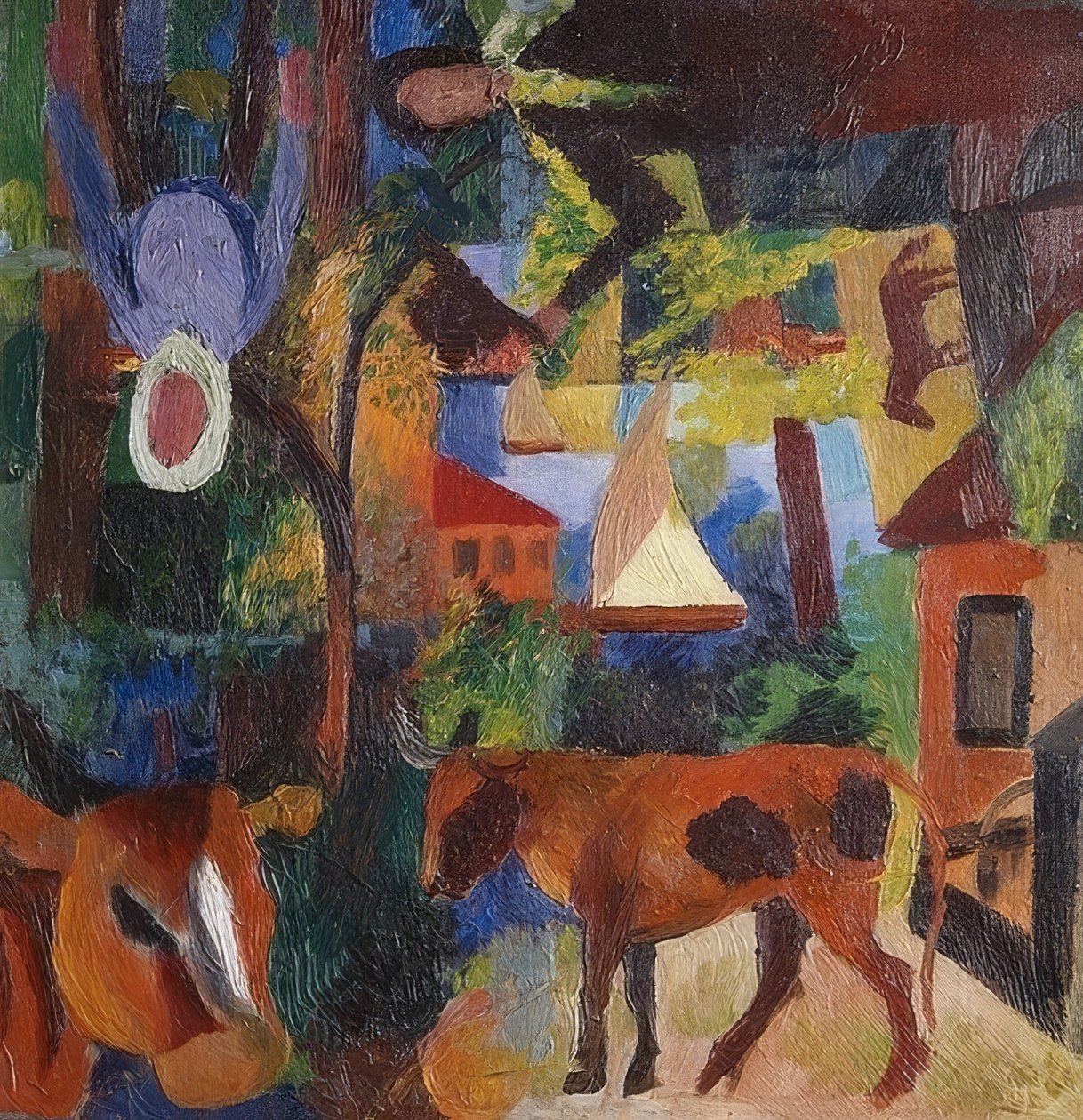 Maisema lehmien, purjeveneen ja hahmojen kanssa. 1914 tekijältä August Macke