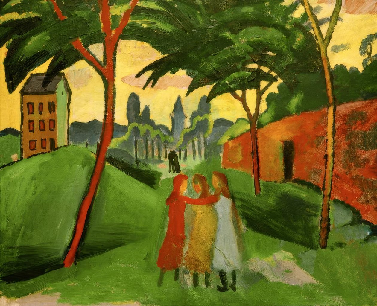 Maisema kolmen tytön kanssa tekijältä August Macke