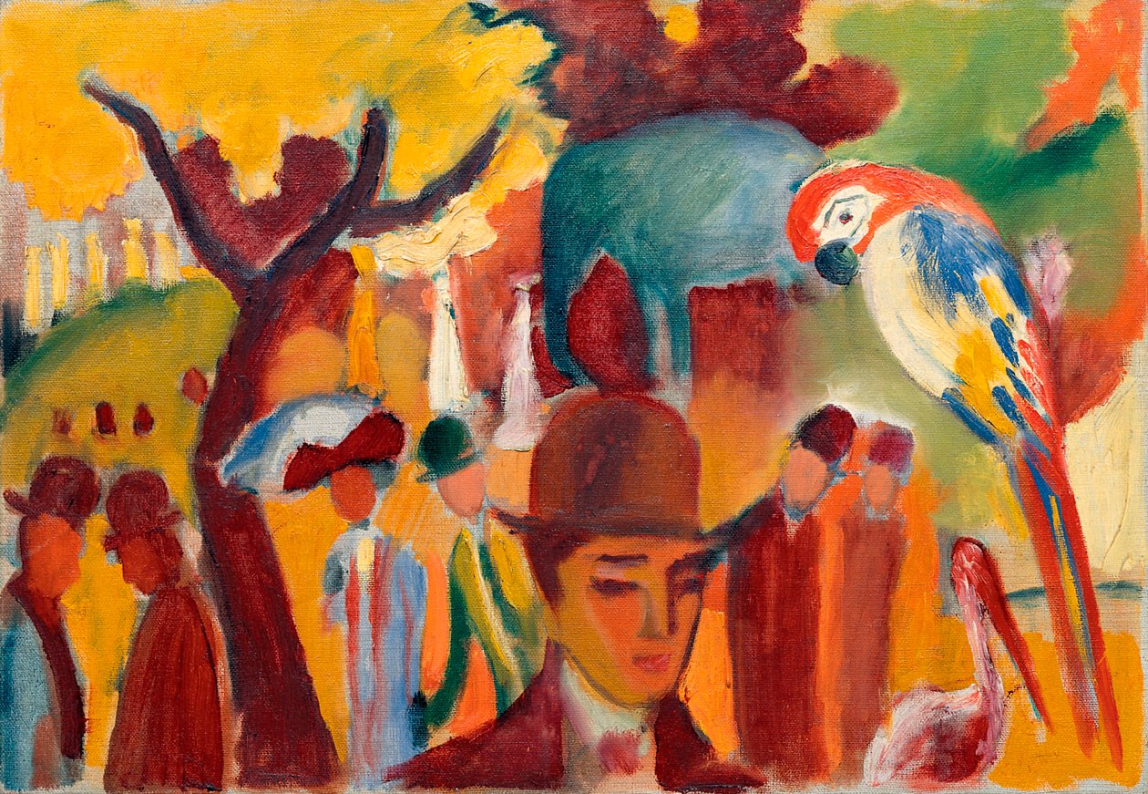 Pieni eläintarha ruskeana ja keltaisena. August Macken (1887-1914) maalaus öljy kankaalle tekijältä August Macke