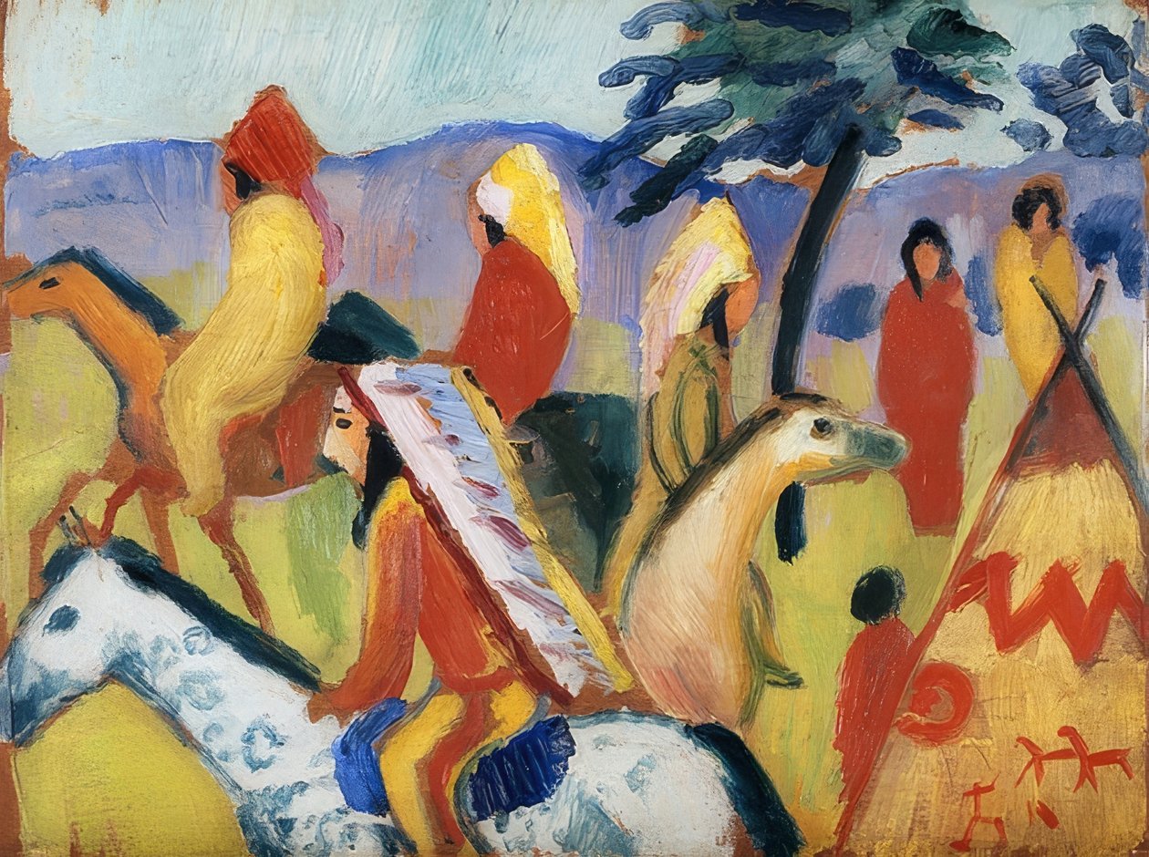Ratsastavat intiaanit teltalla. 1911 tekijältä August Macke