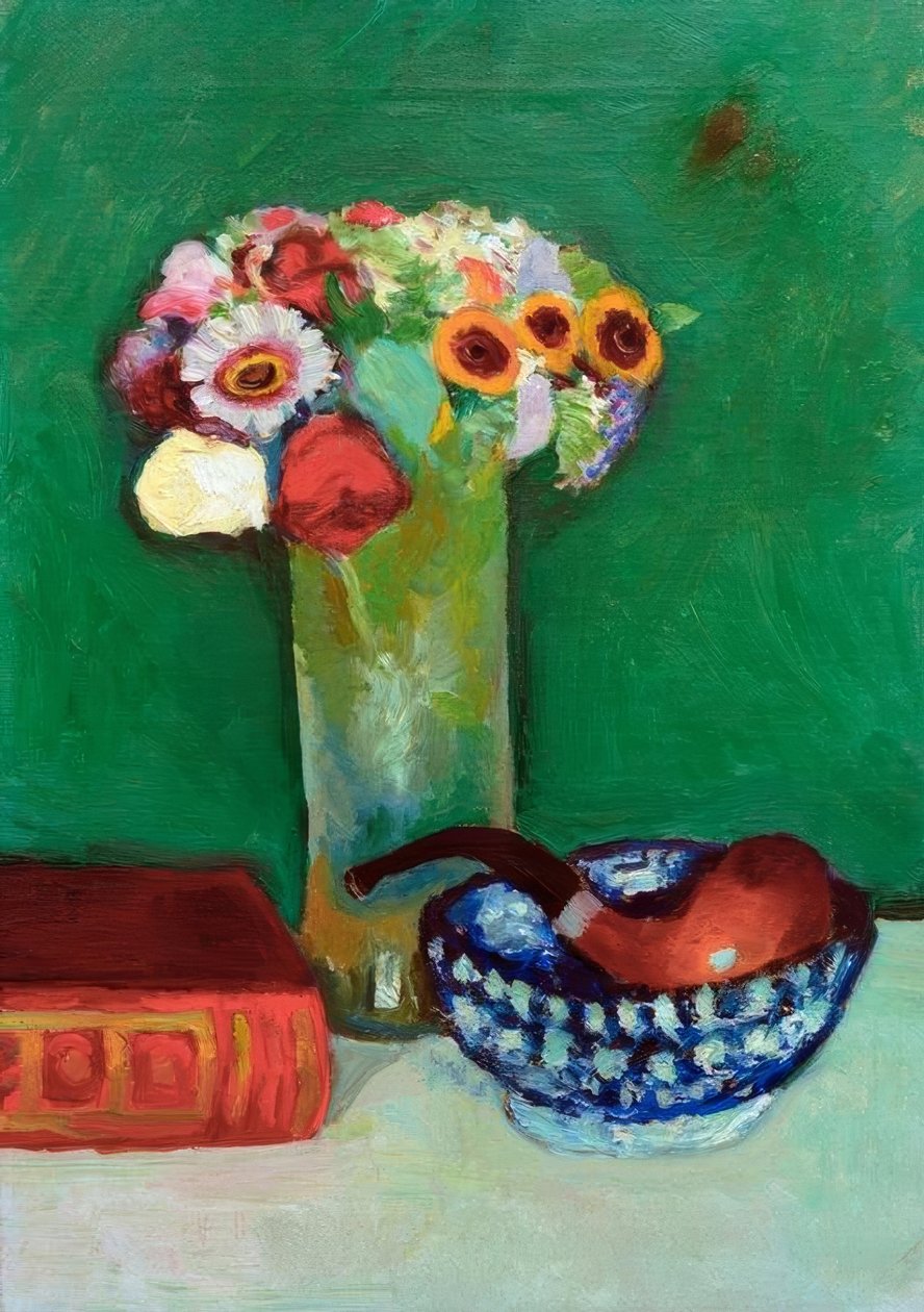 Stilleben mit Blumenstrauß und Pfeife in blauer Schale tekijältä August Macke