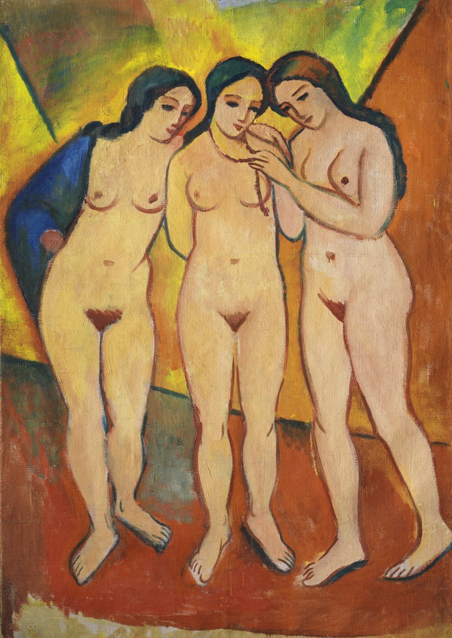 Kolme alastonkuvaa, oranssi ja punainen, 1912 tekijältä August Macke